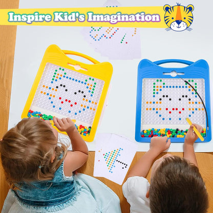 Magnetic Drawing Board for Kids, Toddler Magnet Doodle Board with Beads and 2 Pens, Magnetic Dot Art Toys, Airplane Car Travel Activities (Blue Cat)