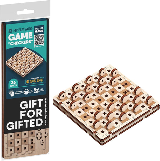 -Wooden Tic Tac Toe Game - 3D Mechanical Wood Model Board Games - Portable Pocket Size Travel Game for Kids & Adults - Coffee Table Games & Home Decor - 15 Piece DIY Logic Puzzle