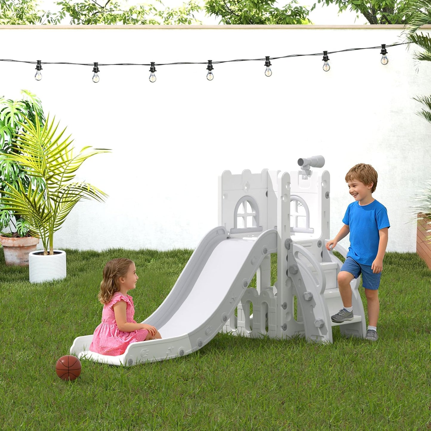 LulliSpace 6 in 1 Toddler Slide,Kids Playset for Toddlers Indoor Outdoor, Baby Slide with Basketball Hoop, Telescope & Storage Space,Non-Slip Steps for Great Gift