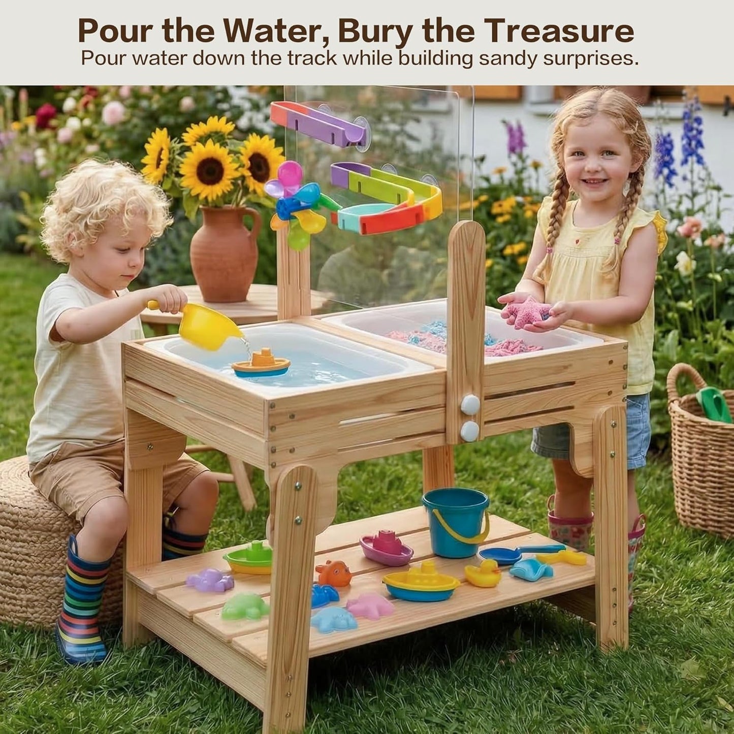 Water Table for Toddlers, Adjustable Height Wooden Sand and Water Table with 2 Collapsible Bins, Acrylic Activity Board, Water Track Toys & 16-Piece Play Set, Indoor Outdoor, Ages 3+