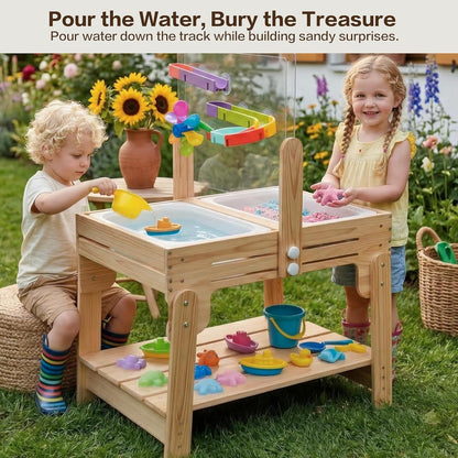 Water Table for Toddlers, Adjustable Height Wooden Sand and Water Table with 2 Collapsible Bins, Acrylic Activity Board, Water Track Toys & 16-Piece Play Set, Indoor Outdoor, Ages 3+