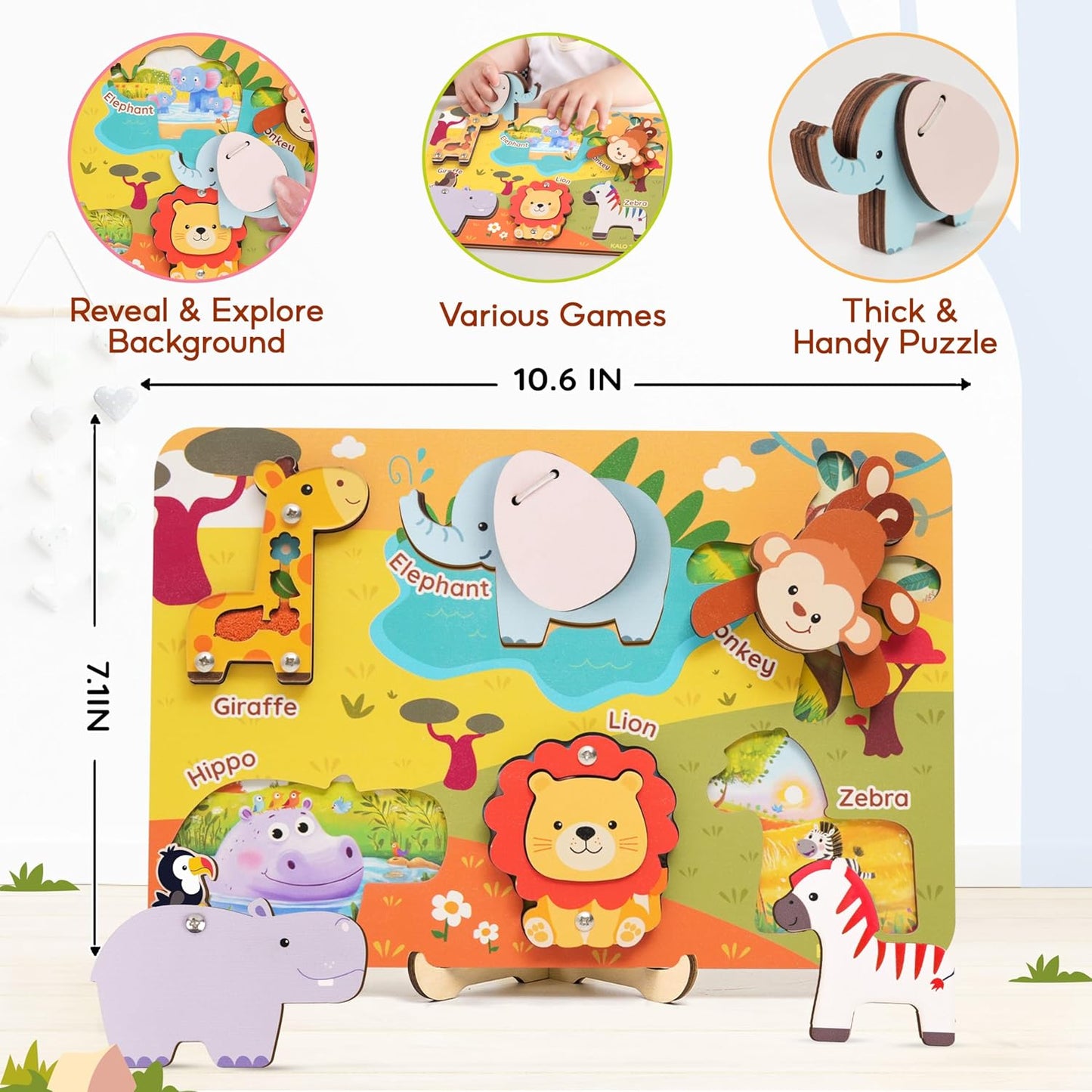 Kalotoys Wooden Montessori Jungle Animal Puzzle for Toddlers 1-3 – Interactive Sensory Toy with Mirror, Zip & Sound – Educational Baby Gift for Fine Motor Skills & Autism Friendly (6 Animals)