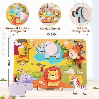 Kalotoys Wooden Montessori Jungle Animal Puzzle for Toddlers 1-3 – Interactive Sensory Toy with Mirror, Zip & Sound – Educational Baby Gift for Fine Motor Skills & Autism Friendly (6 Animals)