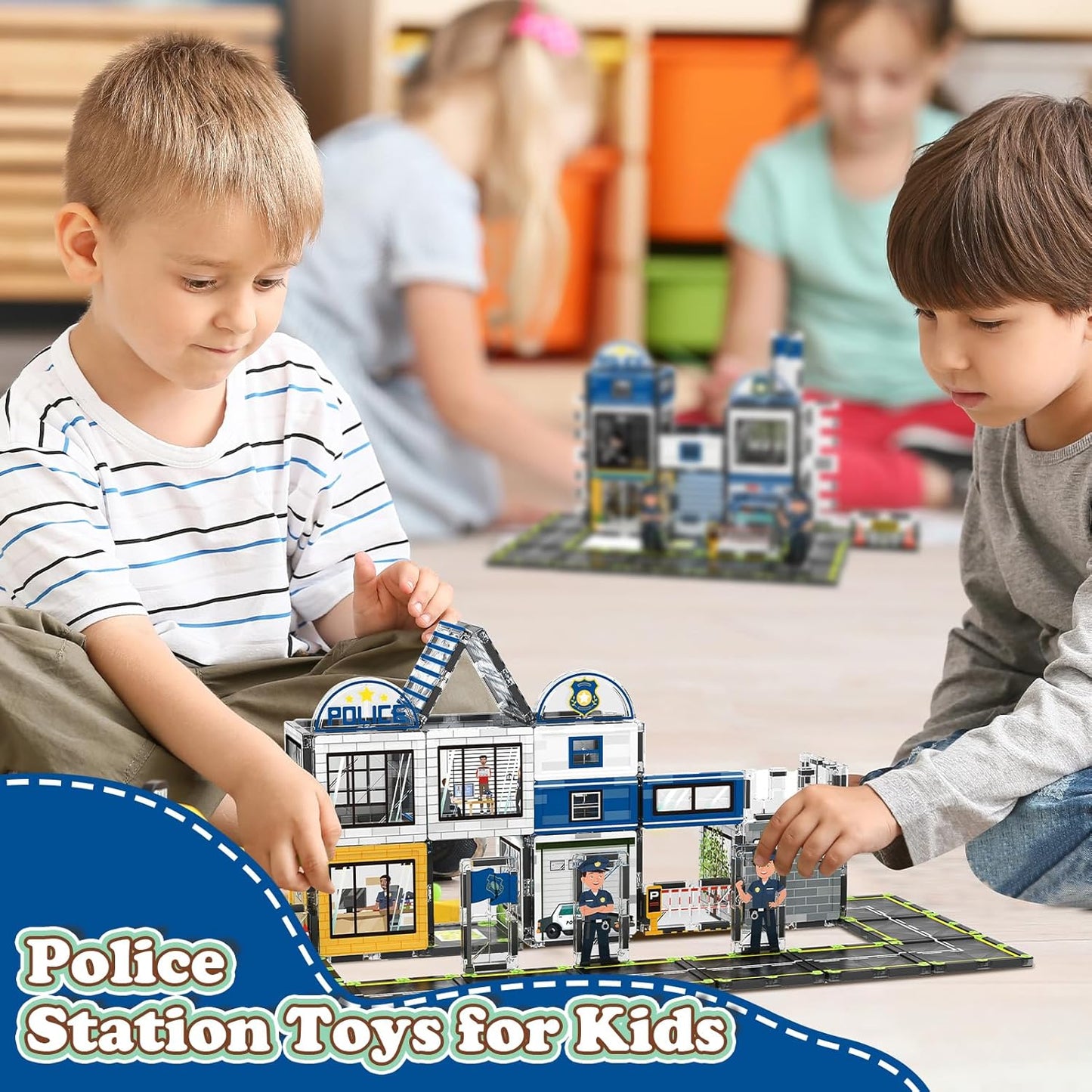 AFUNX Magnetic Tiles, 50PCS Police Station Theme Building Blocks Set, Magnet Building Blocks and STEM Preschool Toys for Toddlers Kids Ages 3-5 5-7 8-10