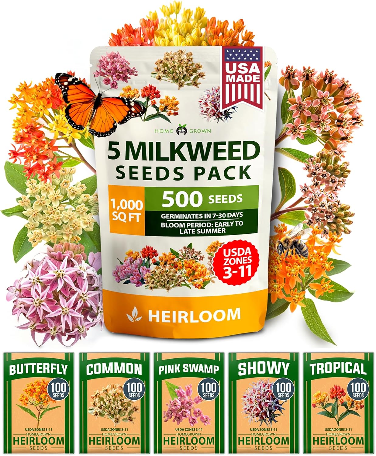HOME GROWN Milkweed Flower Seeds - 500 & Monarch Butterfly Wildflower 20000