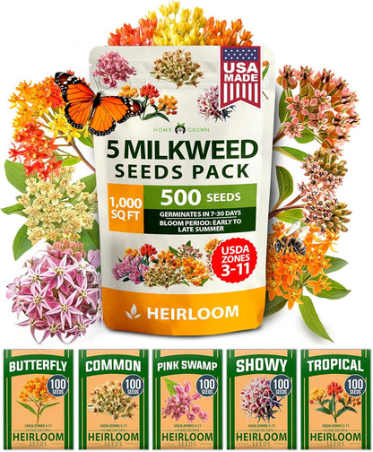 HOME GROWN Milkweed Flower Seeds - 500 & Monarch Butterfly Wildflower 20000