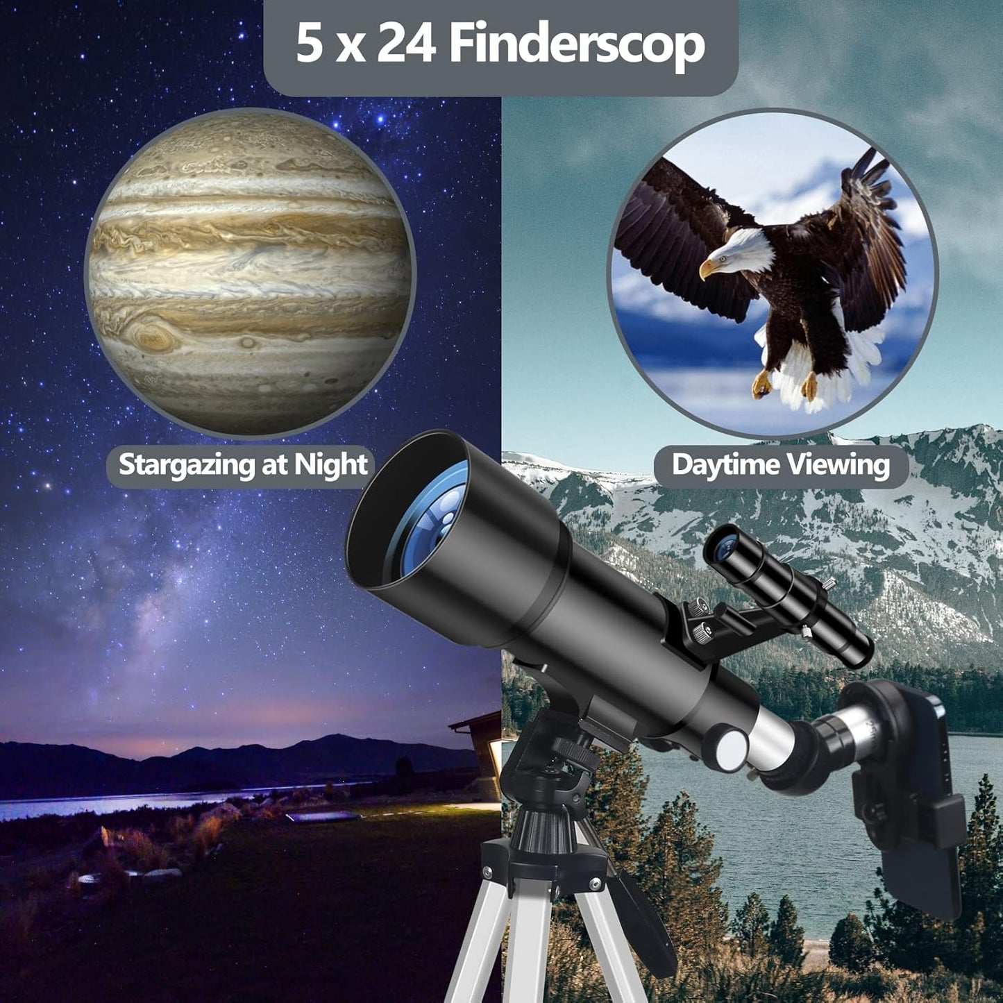 Telescope for Adult, 70mm Aperture 400mm Portable Telescope with Tripod, Finder Scope, Phone Adapter, Carrying Bag, Astronomical Refractors Telescopes for Kids Beginners Adults (White)