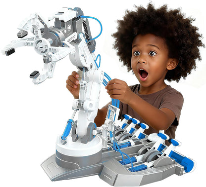 SMIESSKIDDO 3 in 1 Hydraulic Robot Arm - 220 Pcs STEM Building Toys with 4-Jaw Grab, Suction & Tongs for Kids 8-12 | No Batteries Needed Engineering Gift for Boys & Girls Ages 9 10 11 - Yellow