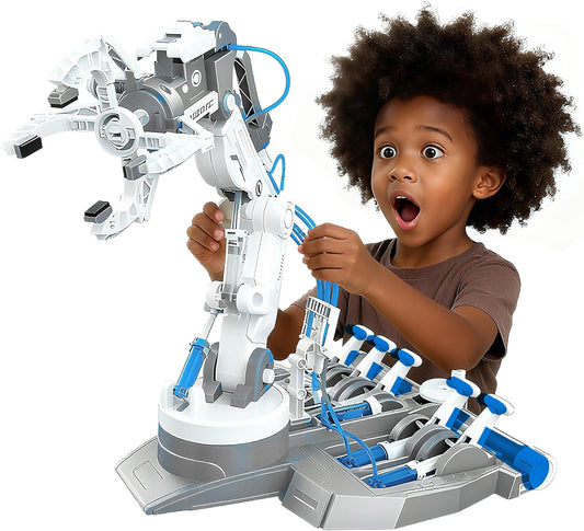 SMIESSKIDDO 3 in 1 Hydraulic Robot Arm - 220 Pcs STEM Building Toys with 4-Jaw Grab, Suction & Tongs for Kids 8-12 | No Batteries Needed Engineering Gift for Boys & Girls Ages 9 10 11 - Yellow