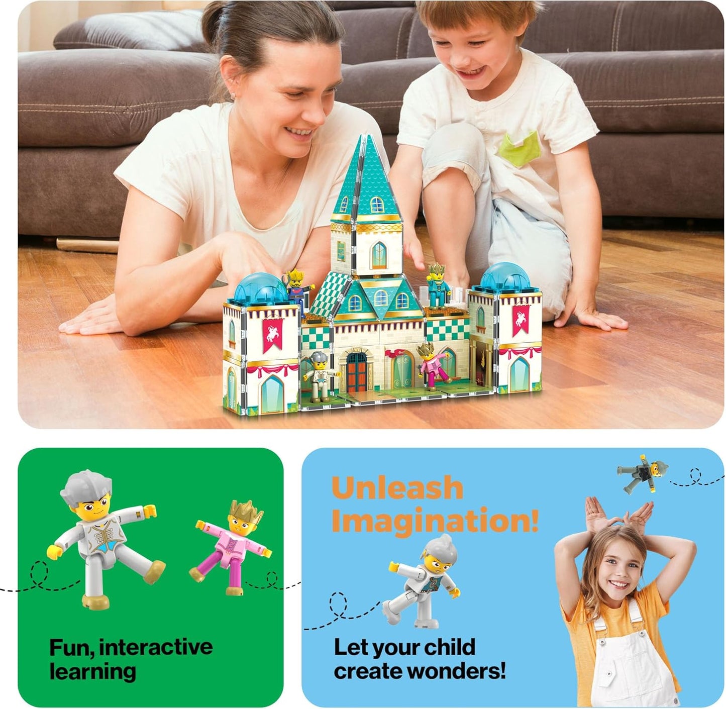 PicassoTiles 60pc Magnetic Tile Princess Castle Building Set with Double Sided Printed Tiles 2 Character Figures STEM Educational Toy Kit for Kids Pretend Play Montessori Learning Ages 3 to 8 PTQ04