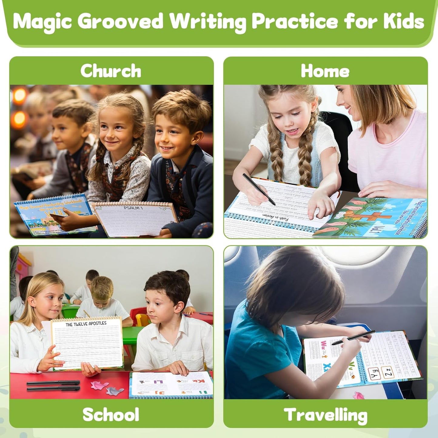 gisgfim Bible Magic Grooved Writing Practice Books for Kids Reusable Grooved Handwriting Workbooks for Kids Ages 3-8 Tracing Bible Magic Copybooks for Christian Sunday School Gifts Prizes（Cursive）