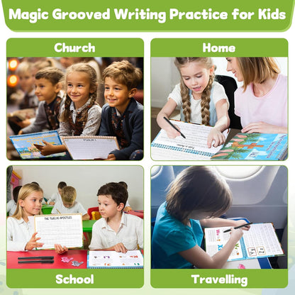 gisgfim Bible Magic Grooved Writing Practice Books for Kids Reusable Grooved Handwriting Workbooks for Kids Ages 3-8 Tracing Bible Magic Copybooks for Christian Sunday School Gifts Prizes（Cursive）