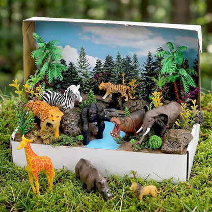 Teyva Daily 48 Pcs Dinosaur Diorama Kit Habitat Project Box Set 3D Dinosaurs Diorama Supplies Include Dinosaurs Model Figures & Eggs Volcano Artificial Trees with Cardboard for DIY Crafts Gifts