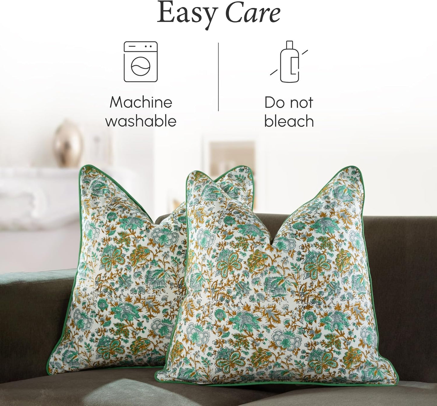 CPC 100% Cotton Throw Pillow Covers 18x18 Inch, Set of 2 Green Block Print Pattern Couch Pillow, Cute Boho Decorative Pillows for Living Room, Bedroom with Hidden Zipper- Agate Green