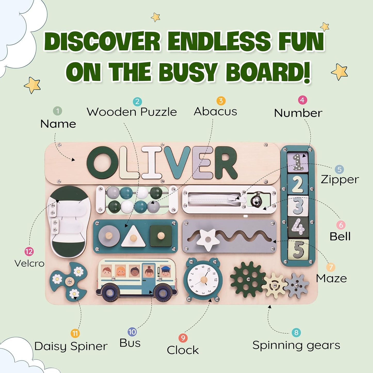 KALOTOYS Large Montessori Busy Board for Baby & Toddlers 1-3 — 17-Inch Wooden Sensory Activity Board — Fine Motor Skills & Early Learning Educational Toy for 1 2 3 Year Old, Travel Friendly & Safe