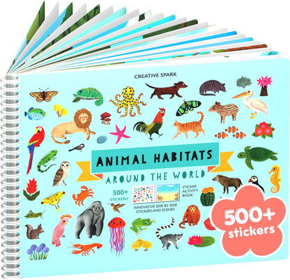 Animals Habitat 500+ Kids Sticker Book by Cupkin Toddler Airplane Travel Activity Coloring and Sticker Book, Road Trip Essentials, 12 Coloring Pages + 12 Scenes for Ages 2–8 Years - Colors A