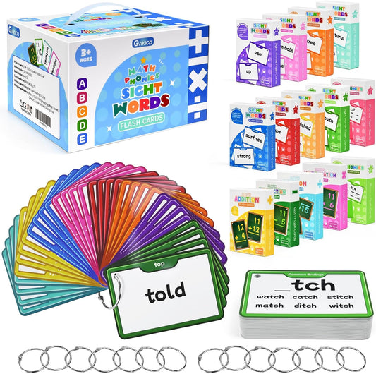 1136 Sight Words/Phonics/Math Flash Cards: 800 Dolch & Fry High Frequency Sight Words, 112 Phonic Flash Cards, 224 Double-Sided Math Flashcards for Kids Pre-K to 6th Grade-784 Cards Total