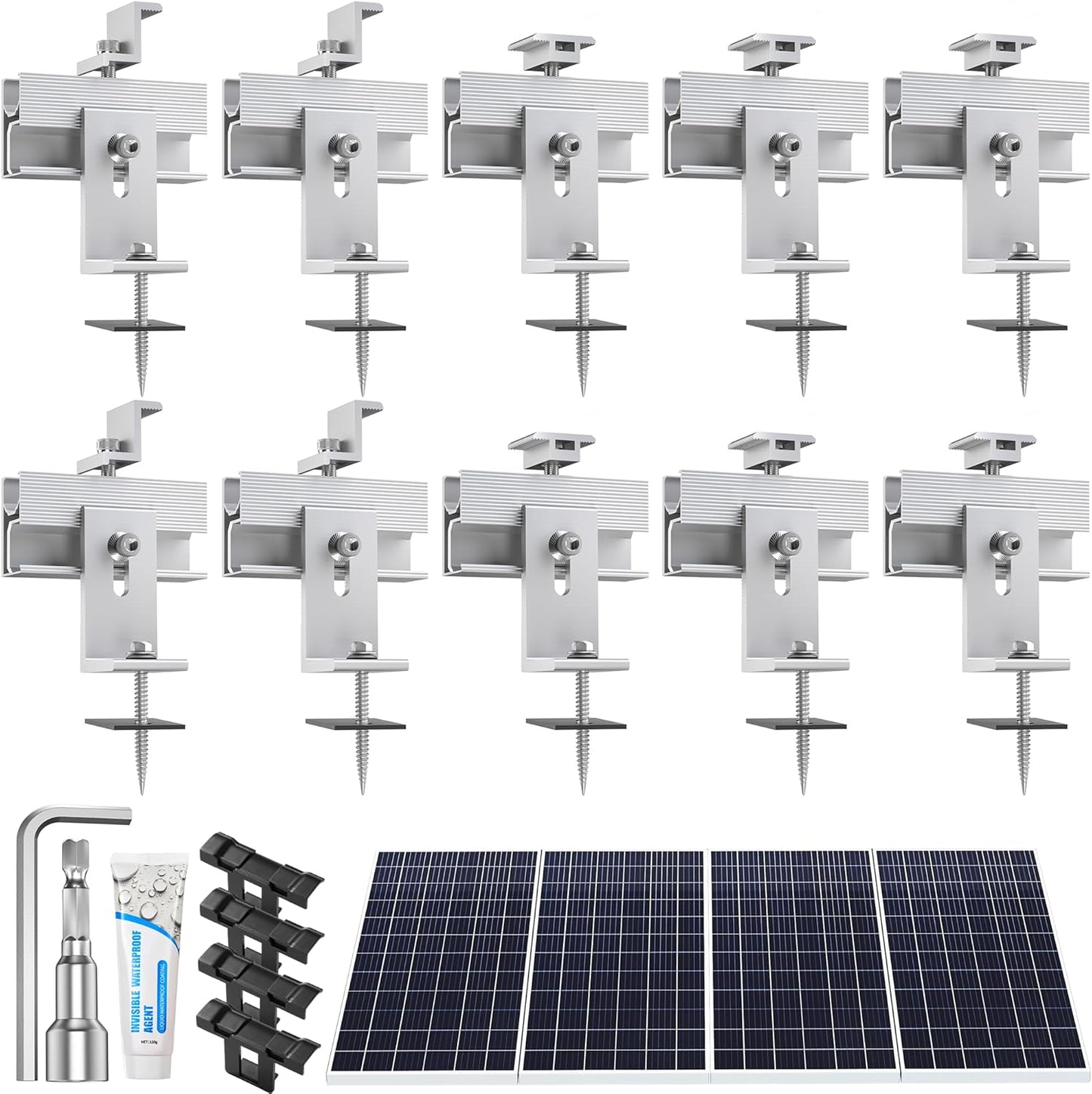Solar Panel Mounting Brackets Kit 10Pcs Solar Roof Mount Kit for 1-4 Pieces Thickness 1.57-1.6” Solar Panels(100-400W), Aluminum Alloy Mount for Flat Pitched Roof Rack Mounting Brackets
