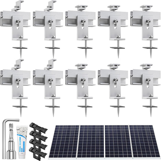 Solar Panel Mounting Brackets Kit 10Pcs Solar Roof Mount Kit for 1-4 Pieces Thickness 1.57-1.6” Solar Panels(100-400W), Aluminum Alloy Mount for Flat Pitched Roof Rack Mounting Brackets