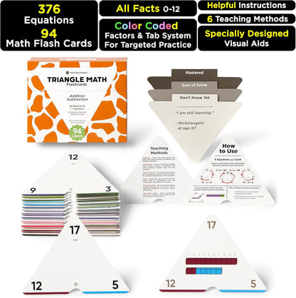 Award-Winning Triangle Math Flash Cards – 376 Multiplication & Division Facts (0–12) – Mastery-Based, Color-Coded Learning for Grades 3–6 – Durable Cards with Visual Aids
