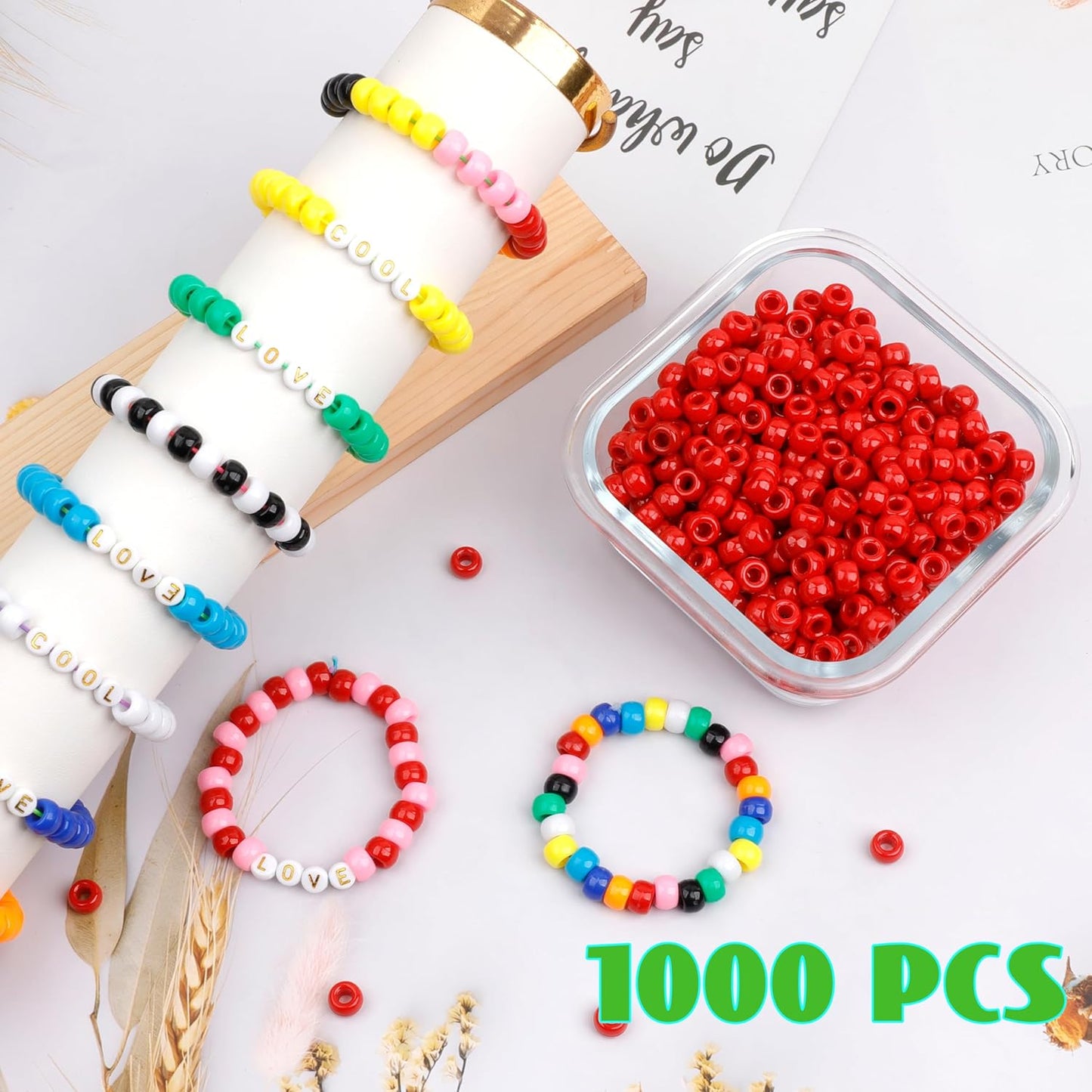 Auvoua 1000Pcs Pony Beads Bracelet 9mm Yellow Plastic Barrel Pony Beads for Necklace,Hair Beads for Braids,Key Chain,Jewelry Making (Yellow)