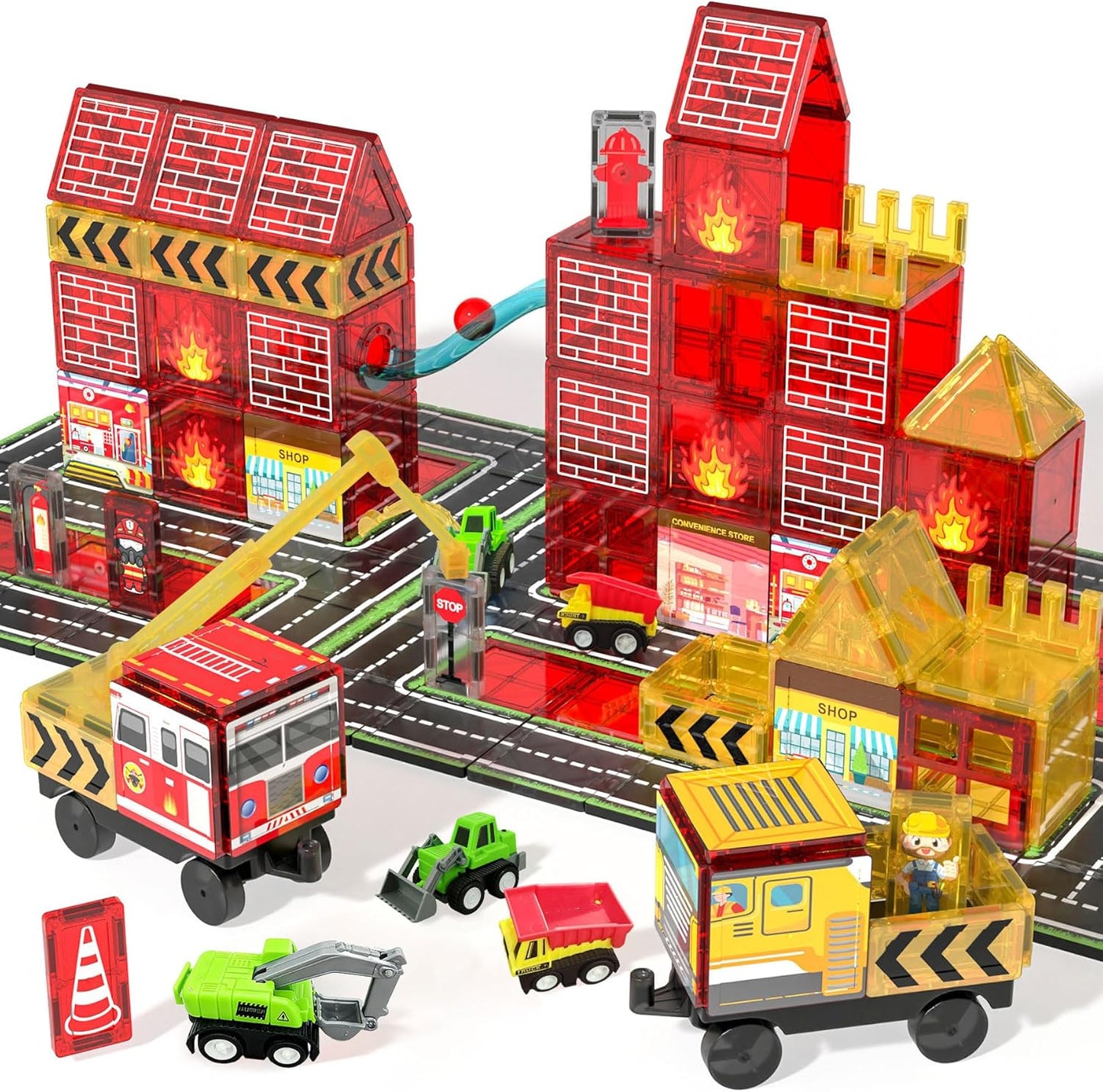 SKTMYY Magnetic Tiles Construction Toys with Road & Crane & Marble Run, Double-Sided Fire Station & Building Magnet Tiles for Kids Ages 4-8, STEM Magnetic Blocks Gifts for 3 4 5 6 7 8 Year Old Boys