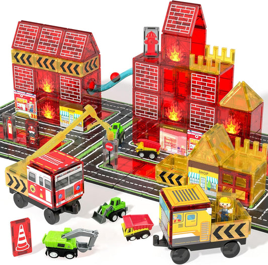 SKTMYY Magnetic Tiles Construction Toys with Road & Crane & Marble Run, Double-Sided Fire Station & Building Magnet Tiles for Kids Ages 4-8, STEM Magnetic Blocks Gifts for 3 4 5 6 7 8 Year Old Boys