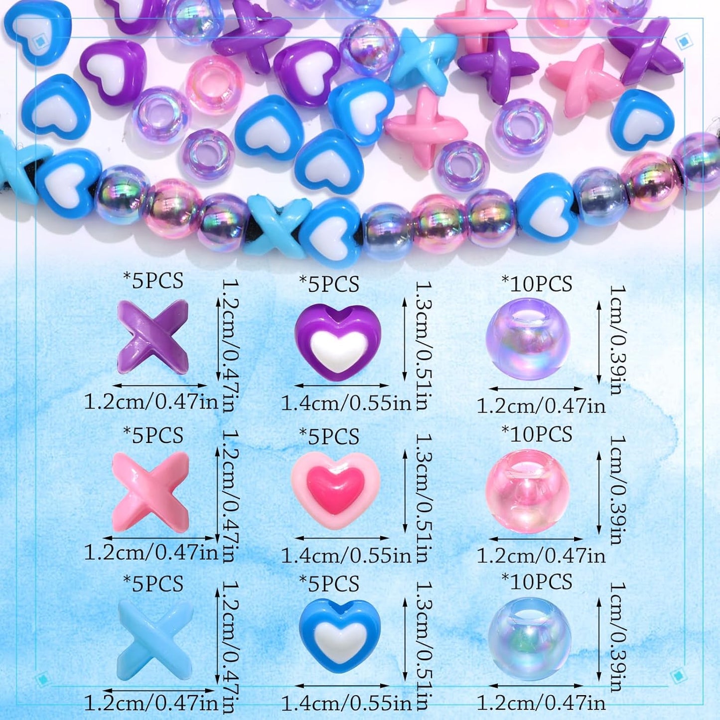 60PCS Pink White Hair Beads for Braids Three Styles Cute Loc Beads Heart Shape Bead for Kids Dreadlock AB Color Round Pony Bead Accessories
