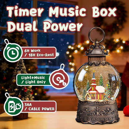 Christmas Snow Globes Lantern, Church and Christmas Tree Christmas Decorations Indoor, 6H Timer Battery & USB Powered Light Up Musical Snow Globes for Kids Women Adults Gift Thanksgiving Home Decor