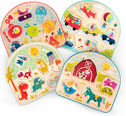 B. toys – 4 Wooden Peg Puzzles – Dinosaurs, Sea Animals, Vehicles, Farm – Puzzles for Toddlers, Kids – 18+ Months
