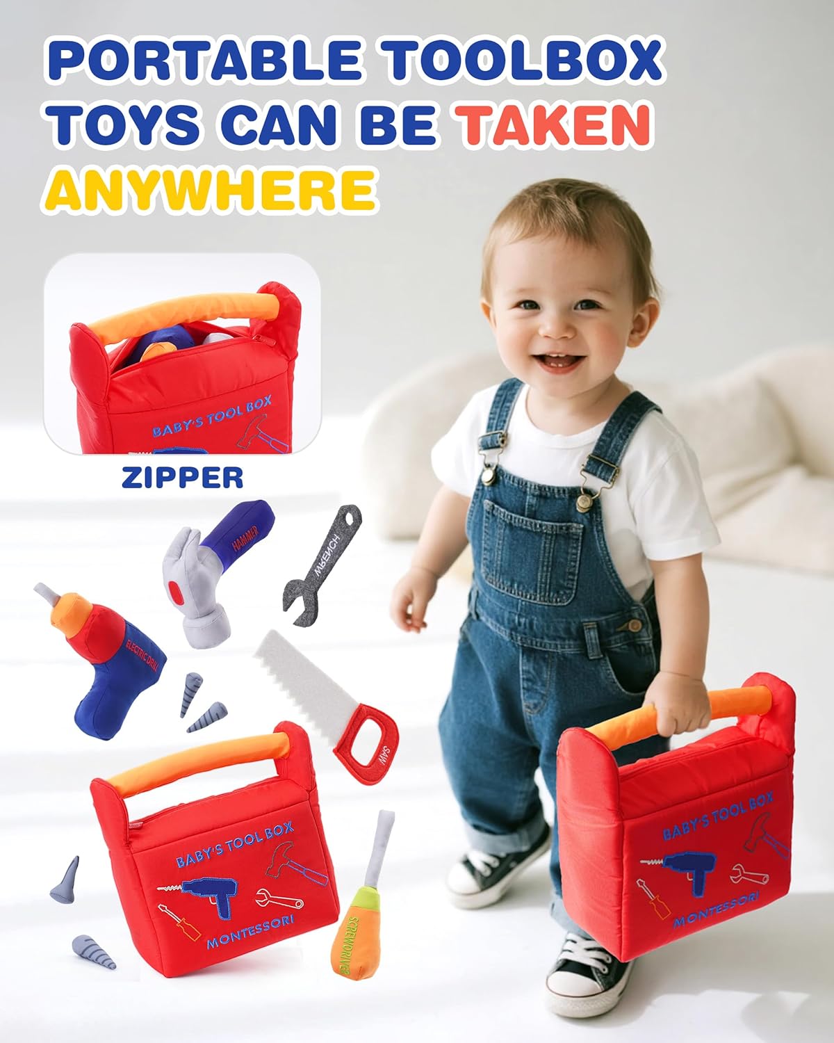 Jollybaby Soft Kid Tool Box Set Toy Inclub Drill Hammer Saw Wrench Screwdriver Screw for Baby, Montessori Preschool Educational Learning Construction Toys for Boy Birthday Gift - RED