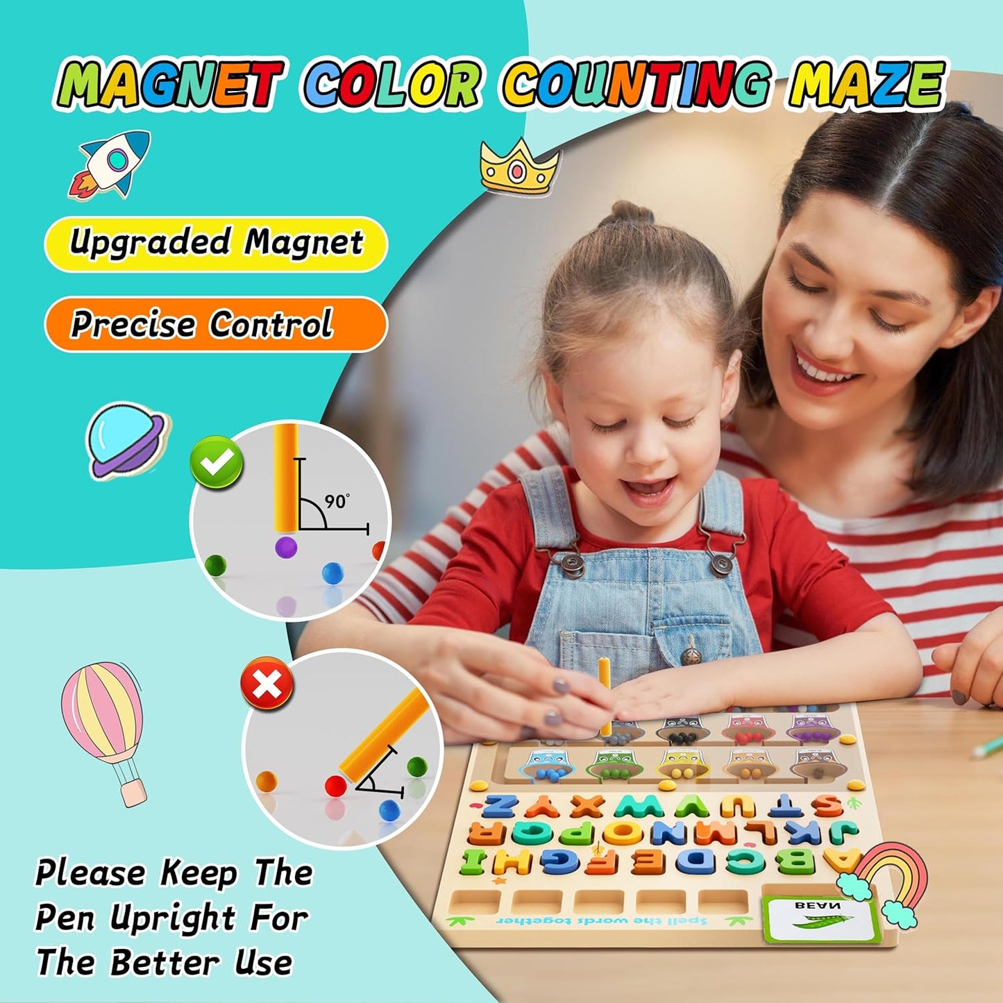 3 IN 1 Double Sided Montessori Toys- Magnetic Color and Number Maze, Toddler Wooden Alphabet Puzzles, Dry Erase Board, Preschool Learning Activities Toys for 3 4 5 6 Years Old Kids Girls Boys
