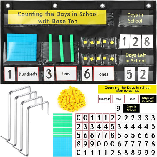 Resurhang Back to School Counting the Days with Base Ten Pocket Chart Place Value, Counting Caddie Pocket Chart for Classroom Bulletin Board School or Home Decor, 4 Hooks(Burlap Color,Classic Style)