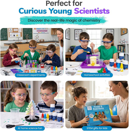 Power & Reactions Chemistry Kit - 40+ STEM Educational Science Experiments for Kids Ages 7-12 with Periodic Table Cards & All Tools, Hands-On Learning Activities for Boys & Girls