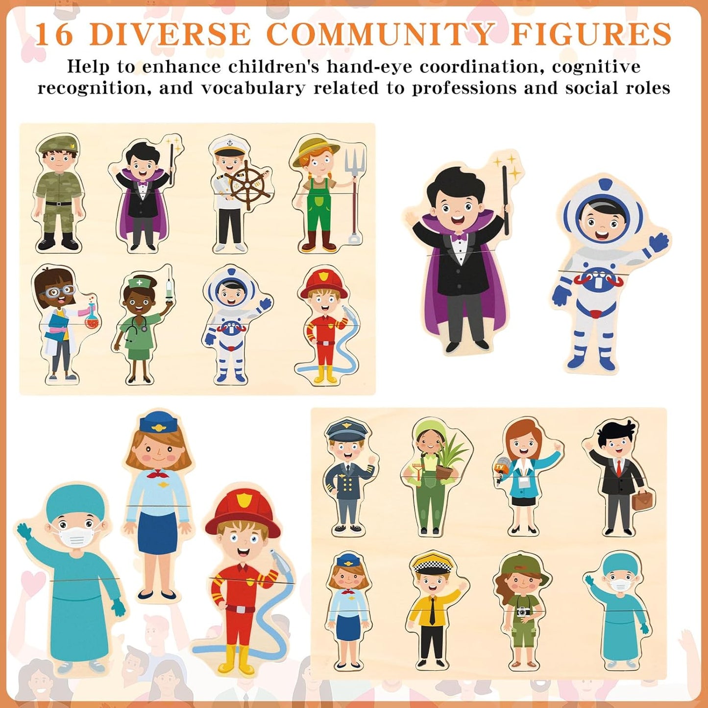 2 Set Wooden Puzzle for Toddlers Community Helpers Cognition Peg Puzzle Wood Blocks Multicultural Occupational Career Character Interchangeable Educational Toys Preschool Learning for Kids Children