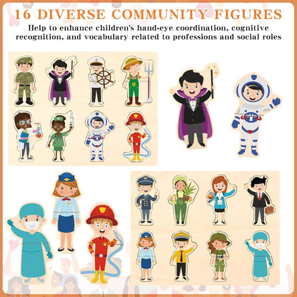 2 Set Wooden Puzzle for Toddlers Community Helpers Cognition Peg Puzzle Wood Blocks Multicultural Occupational Career Character Interchangeable Educational Toys Preschool Learning for Kids Children
