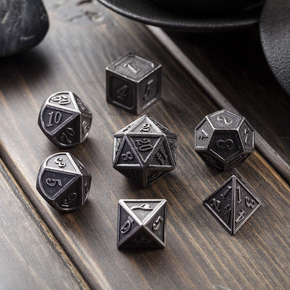 DnDnD Heavy Polyhedral Metal Dice Set with Metal Box, 7-die Shiny Blue Surface with Golden Number for RPG,Dungeons and Dragons,Pathfinder,Shadowrun,D&D,Role Palying Game and Math Teaching - Colors A