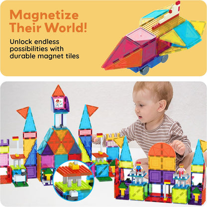PicassoTiles 333pcs Magnetic Brick Tile and Magnetic Tile Combo Set, Action Figures included, Building Blocks STEM Toys, Educational Montessori Preschool Toddler classroom learning toys, Kids activity
