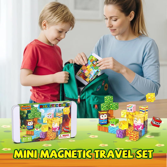 52PCS Mini Magnetic Tiles with Cute Animals, Travel Size Magnetic Construction Toys with Storage Box, Magnetic Blocks Building Toy for Kids Ages 4-8, Ideal Gift for Boys Girls Halloween Birthday