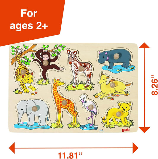Goki Wooden Puzzles for Toddlers 1-3 I 1st Puzzle for 1+ Year Old I Safari Animal Toy with Large Knobs 9 pcs - Eco Friendly Wood Fine Motor Skills Toys - 1st Birthday Gift German Brand Quality