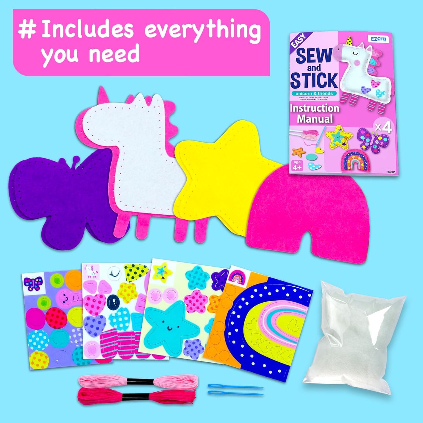 EZCRA Fairy Sewing Kit for Kids Ages 4-8, 4 Easy Projects, No-Mess Learn-to-Sew Arts & Crafts with Felt Stickers for Beginners