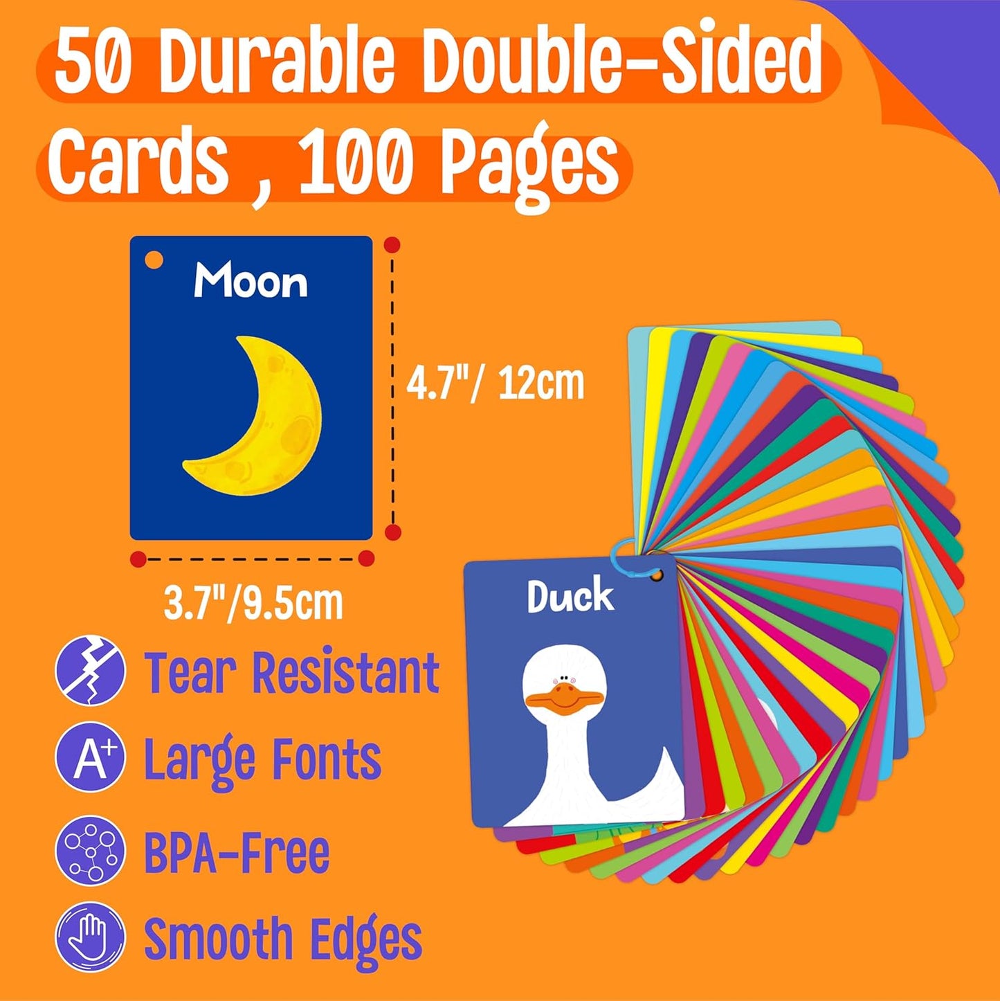 50 PCS Kid First Cognitive Flashcards,Double Sided Printed 7 in 1 Colorful Cards Alphabet,Numbers, Foods,Animals,Shapes,Colors with 3 Reclosable Rings,Learning Tool for Pre-K Kindergarten Toddlers
