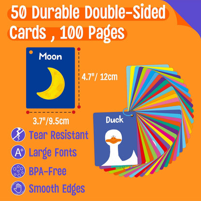 50 PCS Kid First Cognitive Flashcards,Double Sided Printed 7 in 1 Colorful Cards Alphabet,Numbers, Foods,Animals,Shapes,Colors with 3 Reclosable Rings,Learning Tool for Pre-K Kindergarten Toddlers
