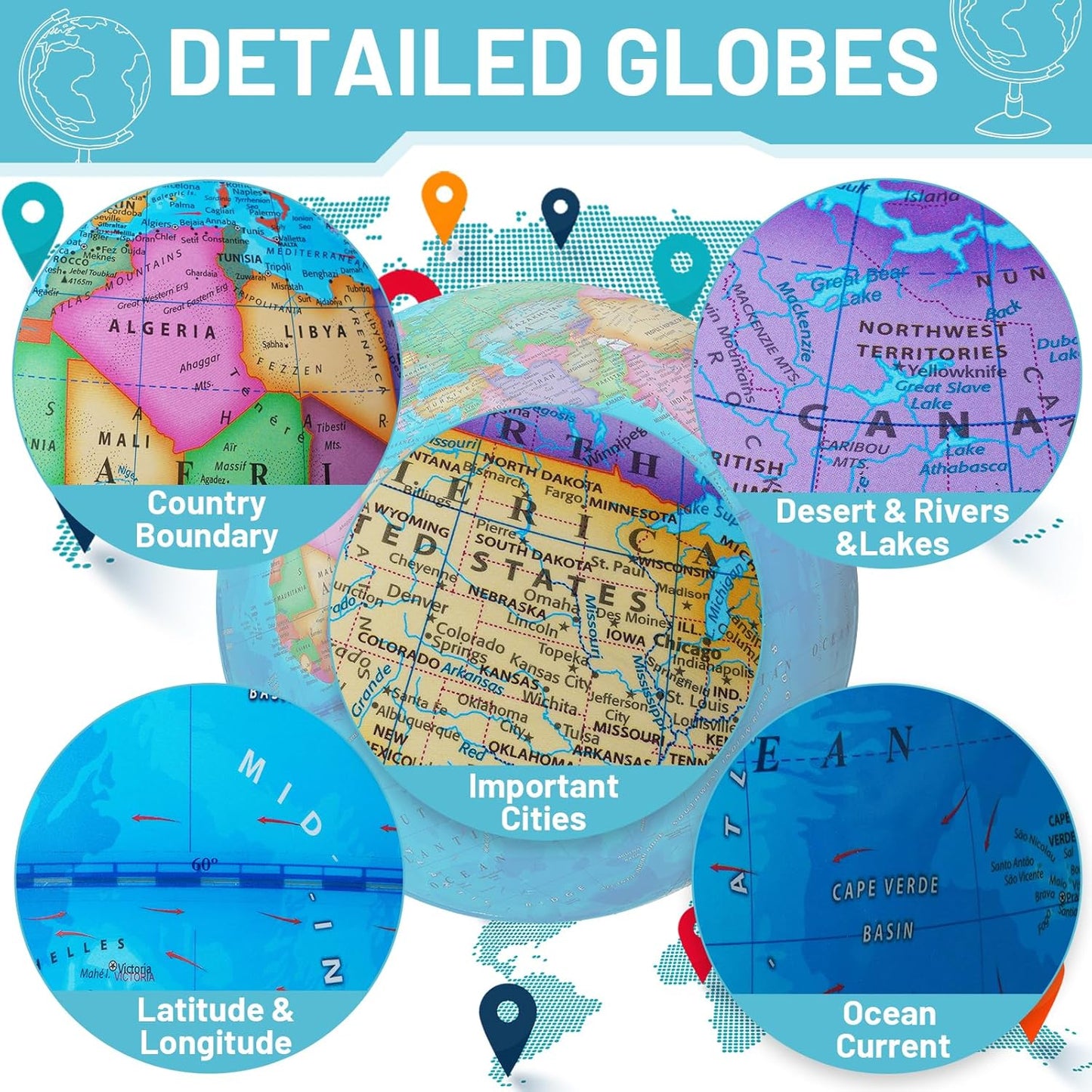 BSHAPPLUS World Globe with Stainless Steel Stand 13 inch, 720 Rotating & HD Waterproof Material, Teaching/Geographic/Decorative Globes with Clear Text for Elementary, Classroom, Home, School, Office