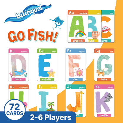 Spanish English Bilingual Alphabet Numbers Go Fish Card Game for Kids,72 Cards, ABC Learning Playing Cards, Memory Matching Games, 2-8 Players, Ages 4-8 and up, Old Maid and Slap Jack