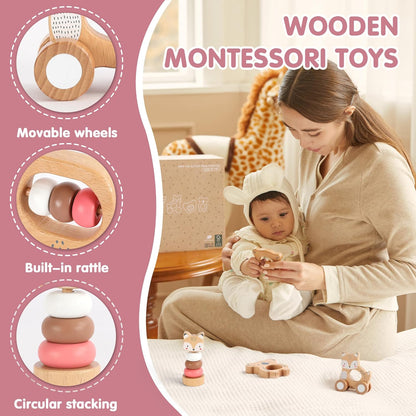 FReniland Wooden Montessori Baby Toys Set, 5-Piece Newborn Gift Set with Koala Rattle, Fox Stacking Rings & Push-Pull Toy for Boys and Girls