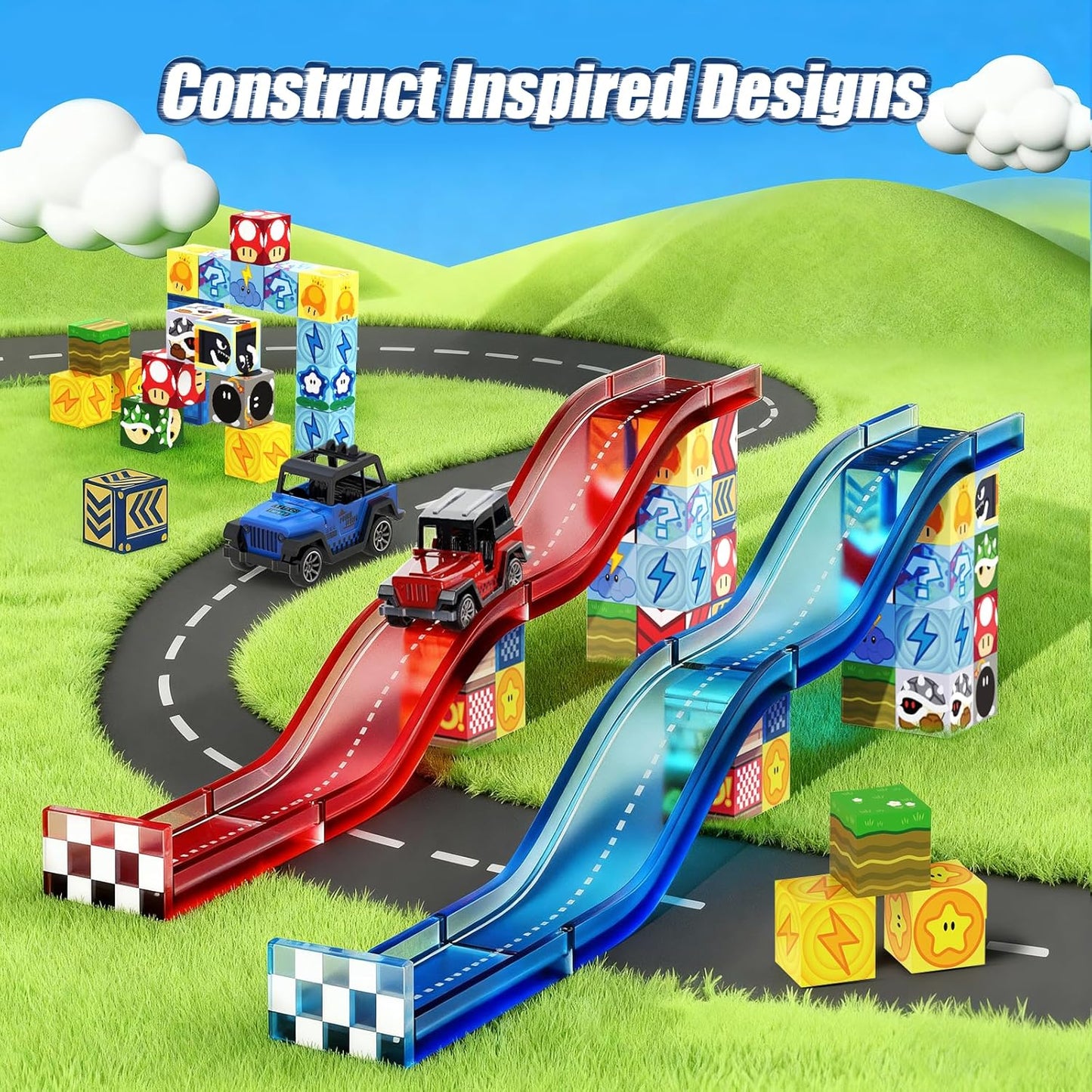 Magnetic Tiles Race Track Set, 52PCS STEM Educational Magnetic Building Blocks with 2 Race Cars, Montessori Sensory Travel Toys for Kids 3 4 5 6 7 8, Birthday for Boys & Girls