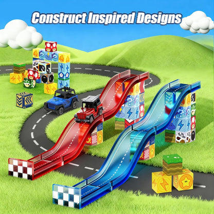 Magnetic Tiles Race Track Set, 52PCS STEM Educational Magnetic Building Blocks with 2 Race Cars, Montessori Sensory Travel Toys for Kids 3 4 5 6 7 8, Birthday for Boys & Girls