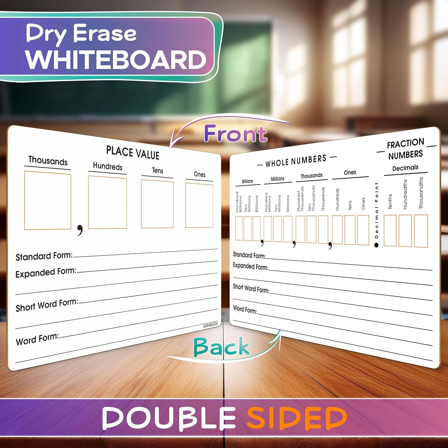 2 Pack Place Value Board 9" x 12" Double Sided Dry Erase Boards for Kids for Teaching Place Values from Billions to Decimal Numbers Math Manipulative Lapboard for Home School and Classroom