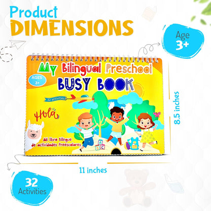 Busy Book for Toddlers 3 and Up – Preschool Learning Activities Bilingual Book in Spanish and English with 32 Activities – Educational Toddler Activity Book with 8 Color Markers
